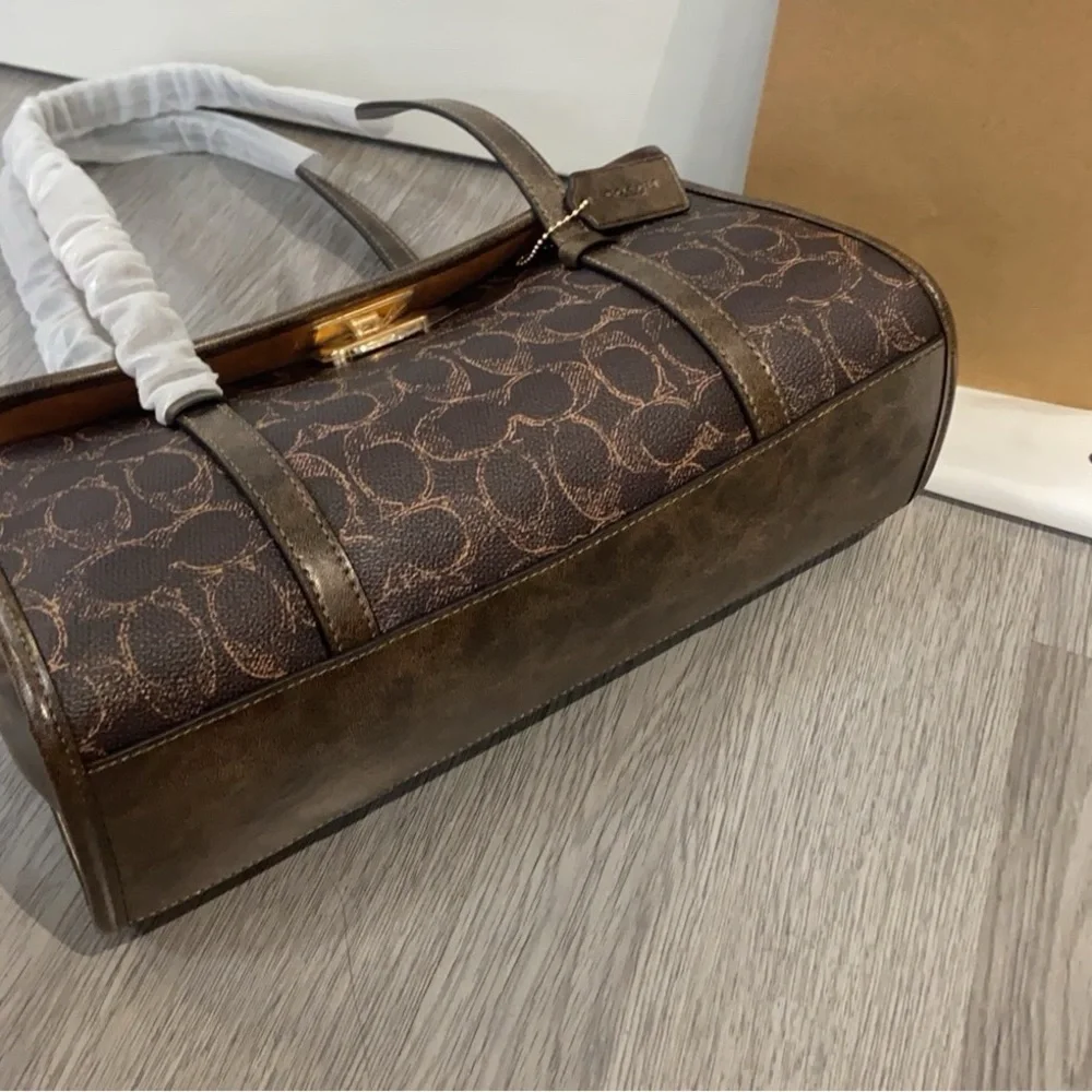Coach Dark Brown Signature Canvas Shoulder Bag with Gold Logo